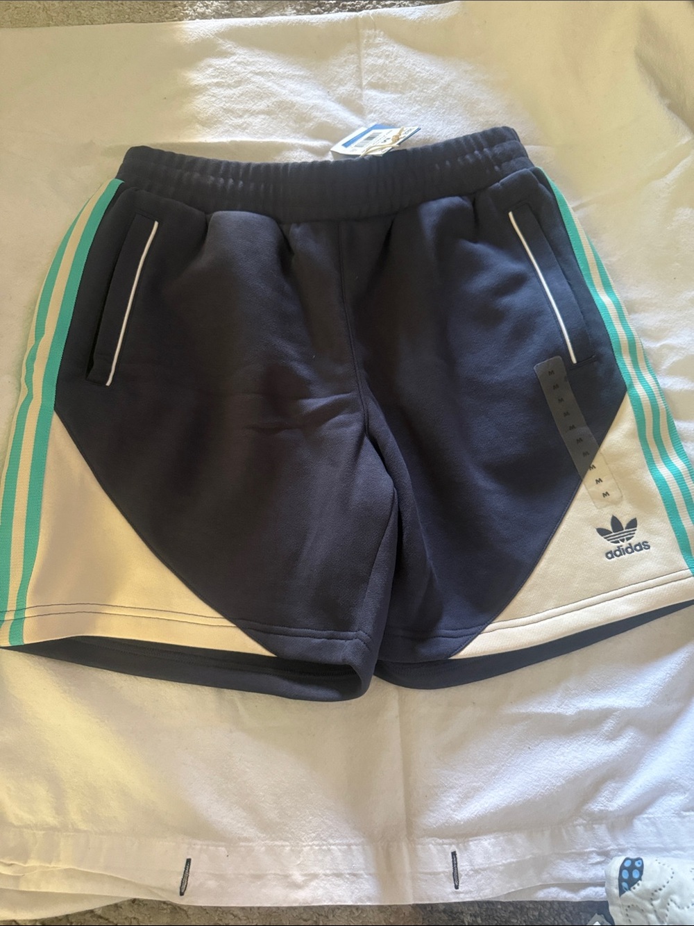adidas Navy Shorts with Teal Stripes and Cream Panels